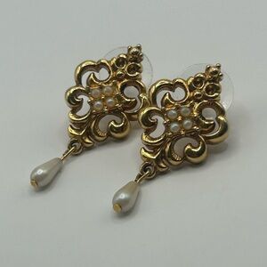 Avon Gold and Pearl Ornate Earrings